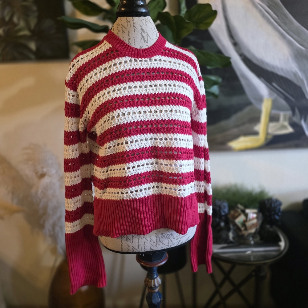 Vici Red and White Crochet Striped Crew Neck Sweater NWOT - Picture 2 of 9